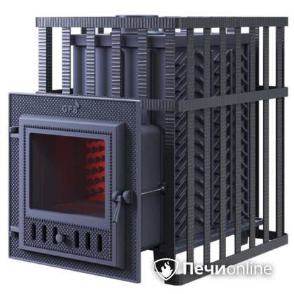 Дровяная банная печь Гефест ЗК в сетке-18 (М) чугунная дверца со стеклом, запатентованная каменка сетка в Муравленко